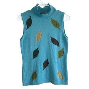 Piacenza 1733 Pure Cashmere Sweater Sleeveless Leaves Fall Blue Women XS-S